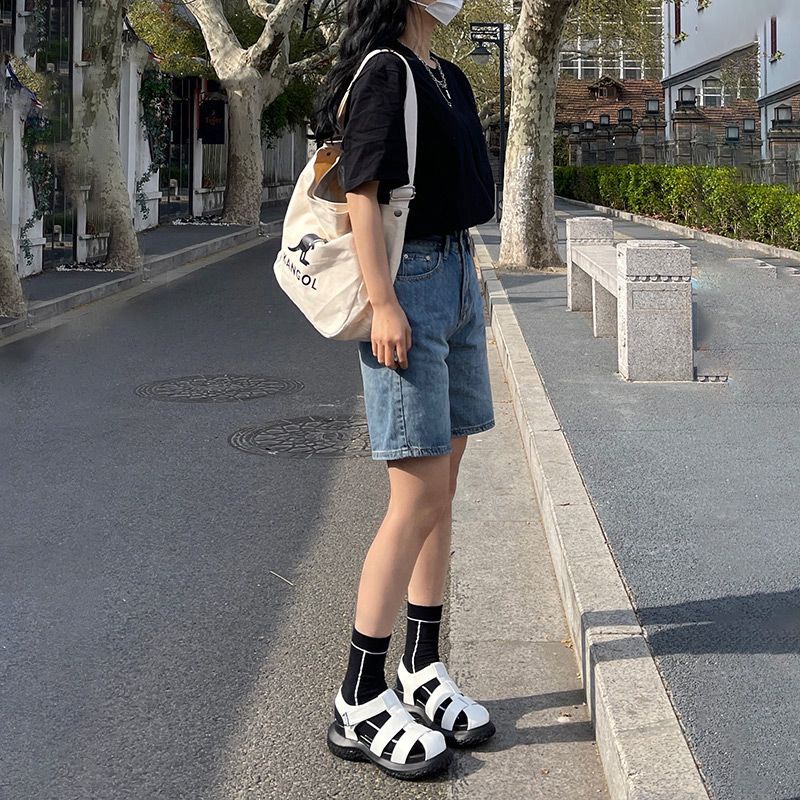 Phong Cách Mới ~ Quần Short Denim Mỏng Năm Điểm Eo Cao Dáng Suông Rộng Phong Cách Retro Mùa Hè Cho Nữ @ -