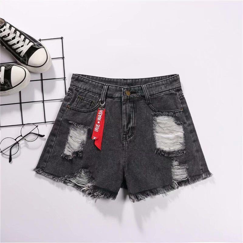 Phong Cách Mới ~ Quần Short Denim Lưng Cao Dáng Rộng Mỏng Mùa Hè Rách Gối Phong Cách Mới Cho Nữ