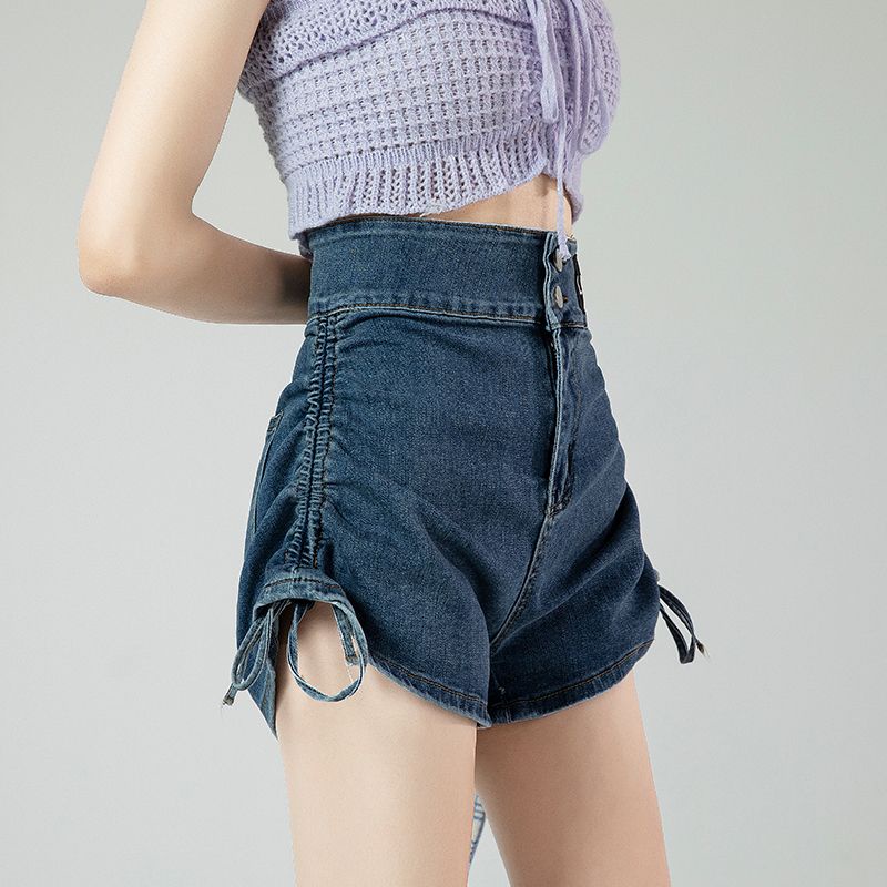 Phong Cách Mới ~ Quần Short Denim Lưng Cao Dáng Chữ a Ống Rộng Phối Dây Rút Thời Trang Mùa Hè Dành Cho Nữ