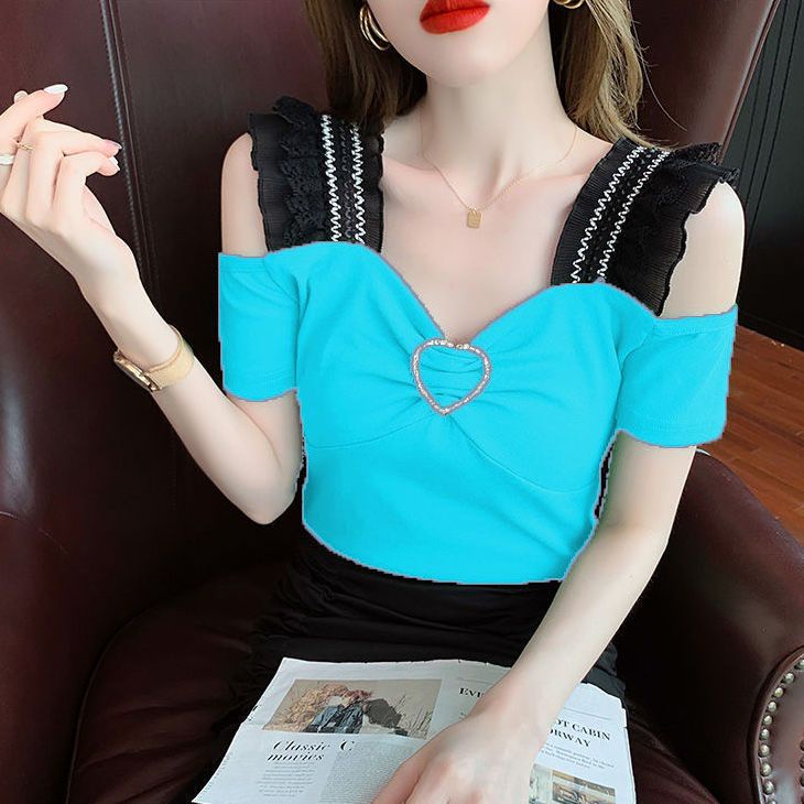 Bán Chạy ~ Áo Kiểu Tay Ngắn Hở Vai Dáng Ôm Phối Ren Đính Kim Cương Phong Cách Châu Âu Mới Dành Cho Bạn Nữ