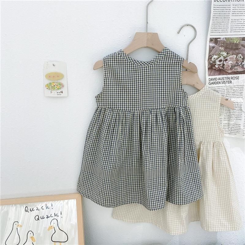 Đầm Cotton Không Tay Họa Tiết Sọc Caro Thời Trang Mùa Hè Hàn Quốc Cho Bé Gái