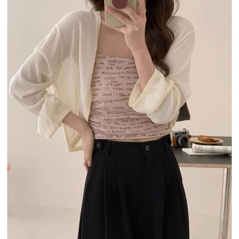 Áo Khoác Cardigan Dệt Kim Mỏng Tay Dài Dáng Ngắn Thời Trang Dành Cho Nữ