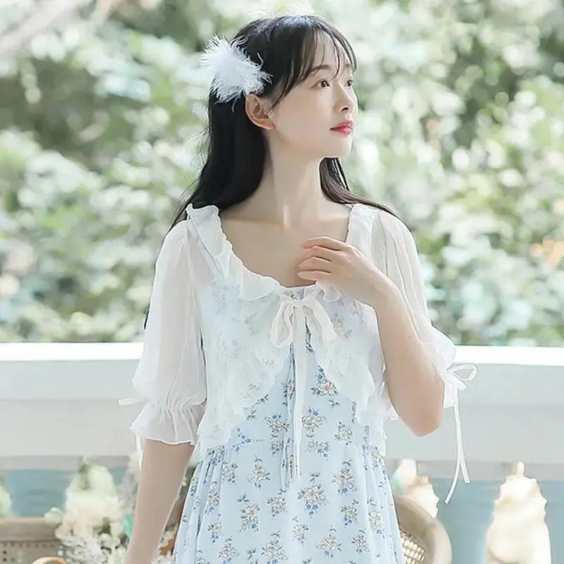 Áo Khoác Chiffon Mỏng Dáng Ngắn Phối Bèo Và Váy Phong Cách Phương Tây Dễ Phối Đồ LF7.14