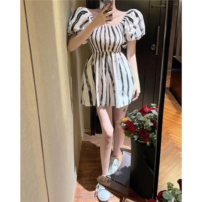 Jumpsuit Trễ Vai Lưng Cao Họa Tiết Kẻ Sọc Thời Trang Mùa Hè Cho Nữ