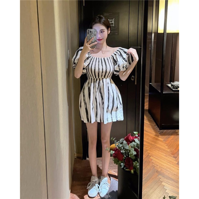 Jumpsuit Trễ Vai Lưng Cao Họa Tiết Kẻ Sọc Thời Trang Mùa Hè Cho Nữ