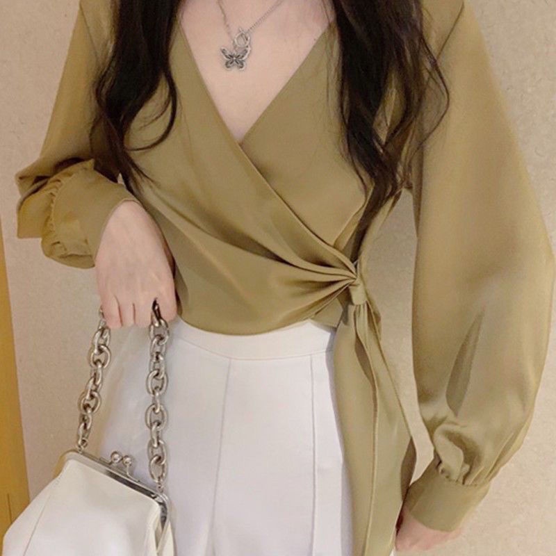 Áo Sơ Mi Ngắn Tay Dài Cổ Chữ V Thắt Dây Phong Cách Mới Cho Nữ