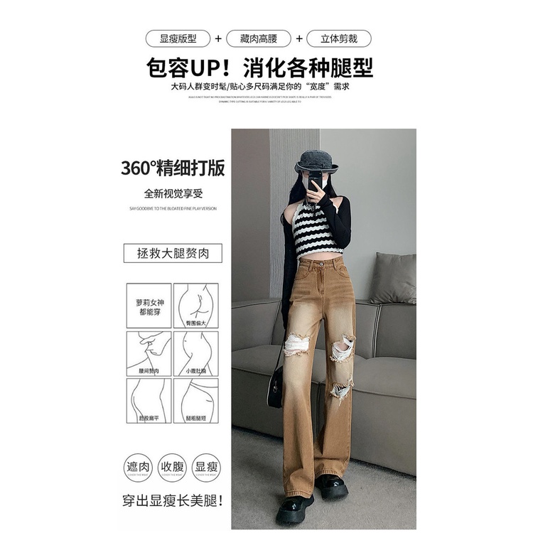 Quần Jean Ống Rộng Rách Lưng Cao Phong Cách Đường Phố Mỹ Mùa Hè Mới Cho Nữ