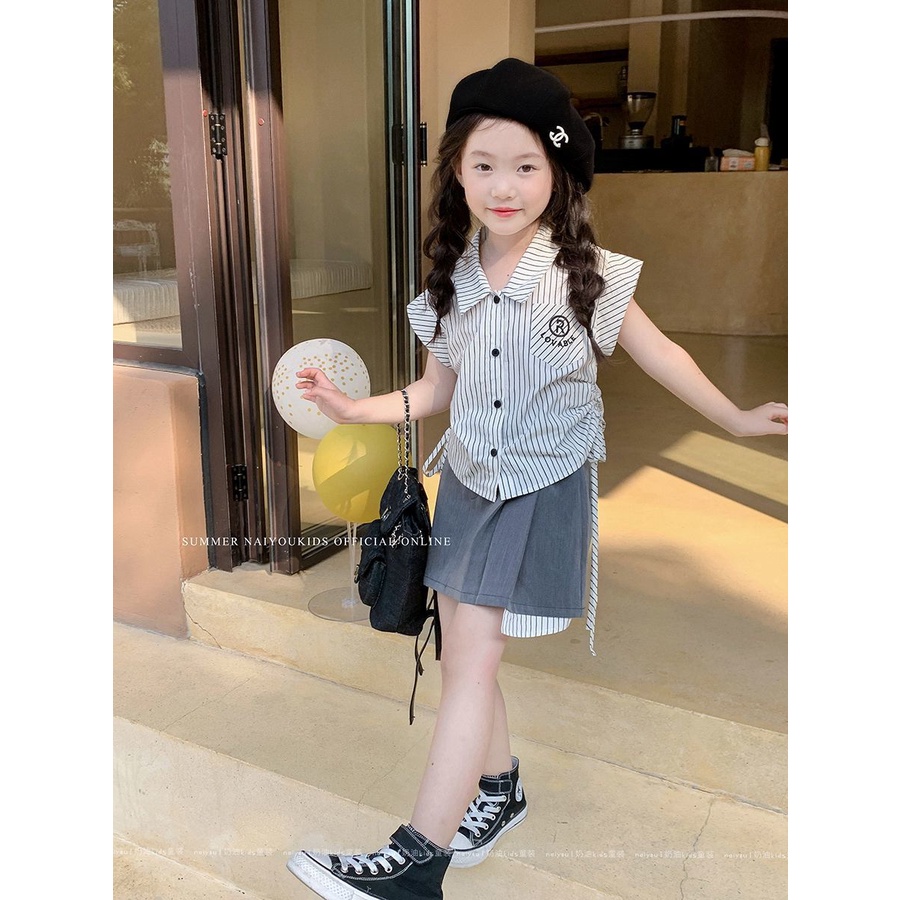 Set Áo Thun Ngắn Tay + Quần Culottes Mùa Hè 2023 Thời Trang Cho Bé Gái