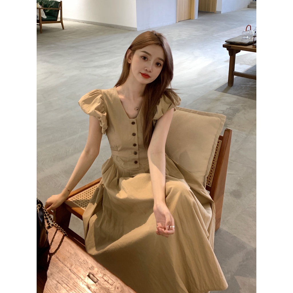 Yan's house sản phẩm mới kiểu pháp niche preppy style summer 2023 new style all-match v-neck puff sleeve narrow waist slimmer look mid-length dress