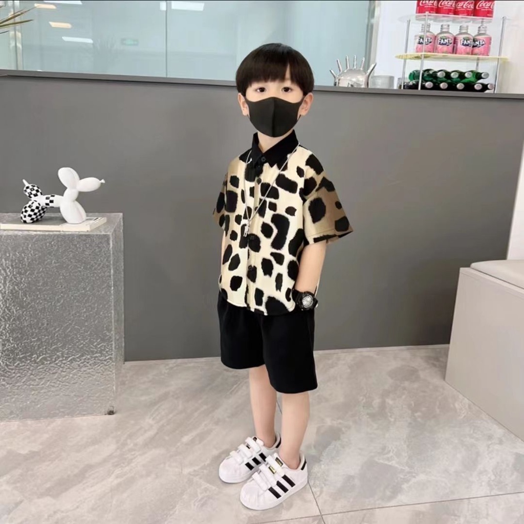 Set Áo Sơ Mi Họa Tiết Da Báo Và Quần Short Thời Trang Mùa Hè Cho Bé Trai