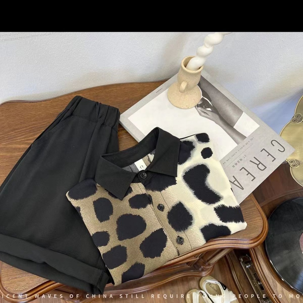 Set Áo Sơ Mi Họa Tiết Da Báo Và Quần Short Thời Trang Mùa Hè Cho Bé Trai