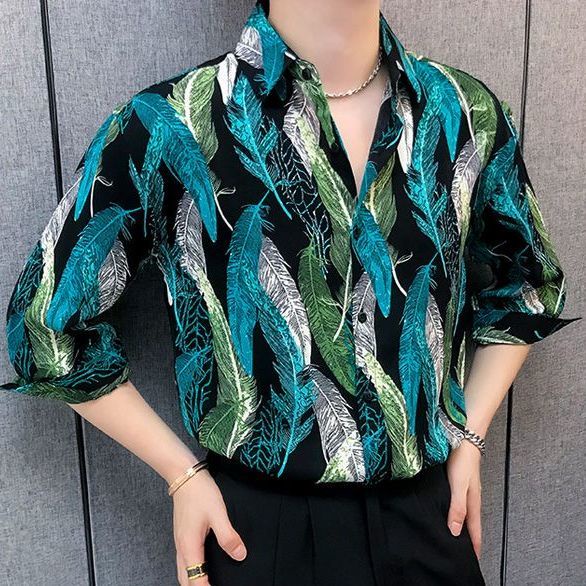 Áo Sơ Mi Tay Ngắn Dáng Ôm In Hình Lông Vũ Chất Lượng Cao Thời Trang Cho Nam [20% off]