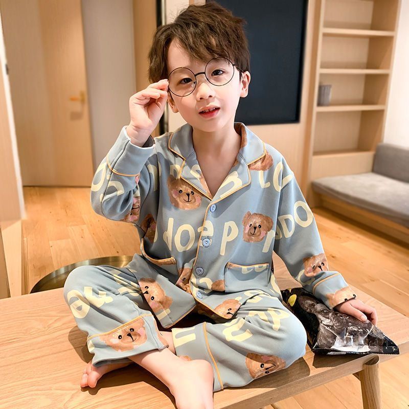 Spring autumn western style long-sleeved children's pyjamas boys children's air-conditioning suits medium big children cute cartoon