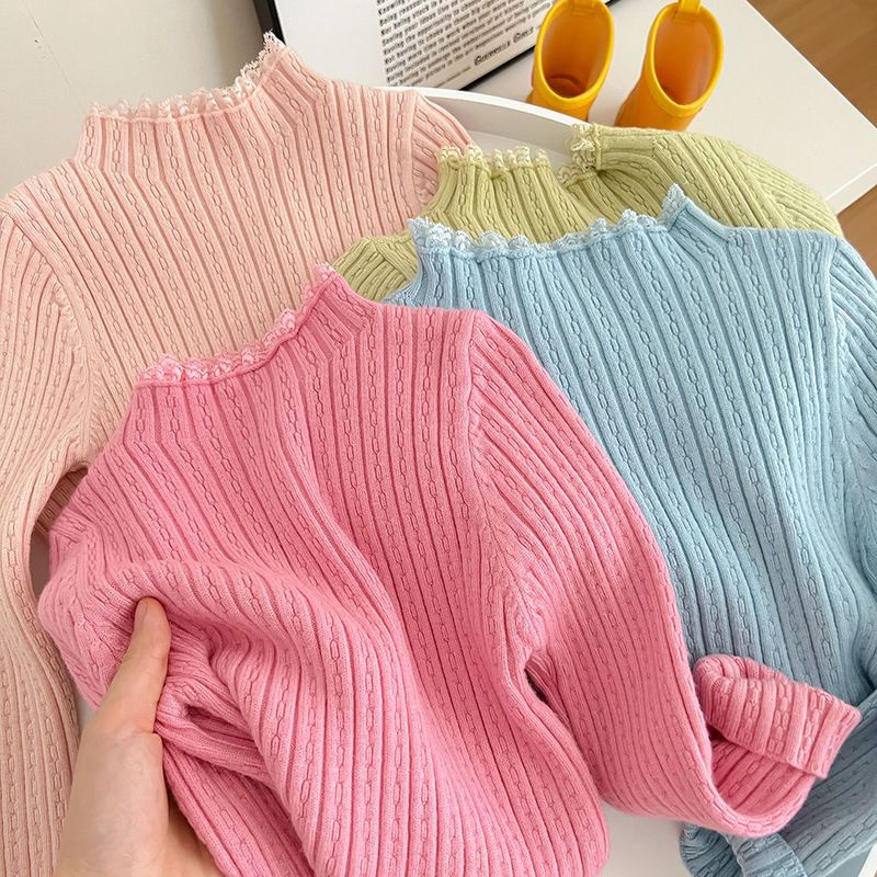Áo Sweater Dệt Kim Cổ Lọ Phối Ren Thời Trang Thu Đông Cho Bé Gái