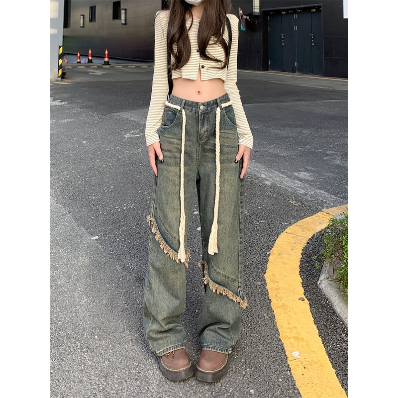 Quần Jeans Lưng Cao Co Giãn Phối Dây Rút Thời Trang Công Sở Mỹ