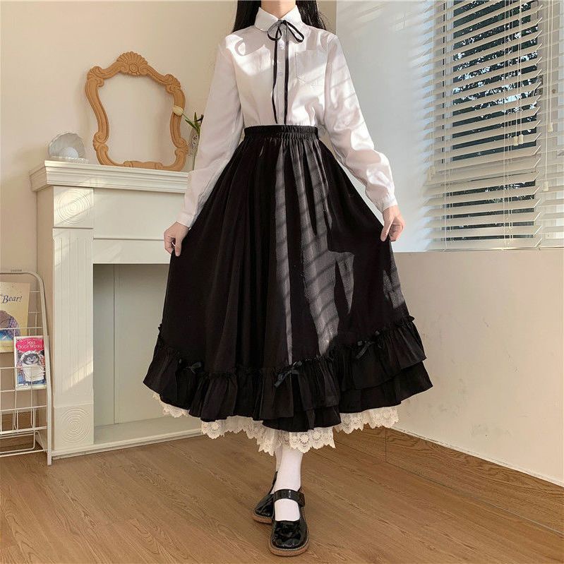 Chân Váy Ren Hai Lớp Lưng Cao Dáng Rộng + Áo Sơ Mi Phong Cách Preppy Nhật Bản Hợp Thời Trang Mới Cho Nữ