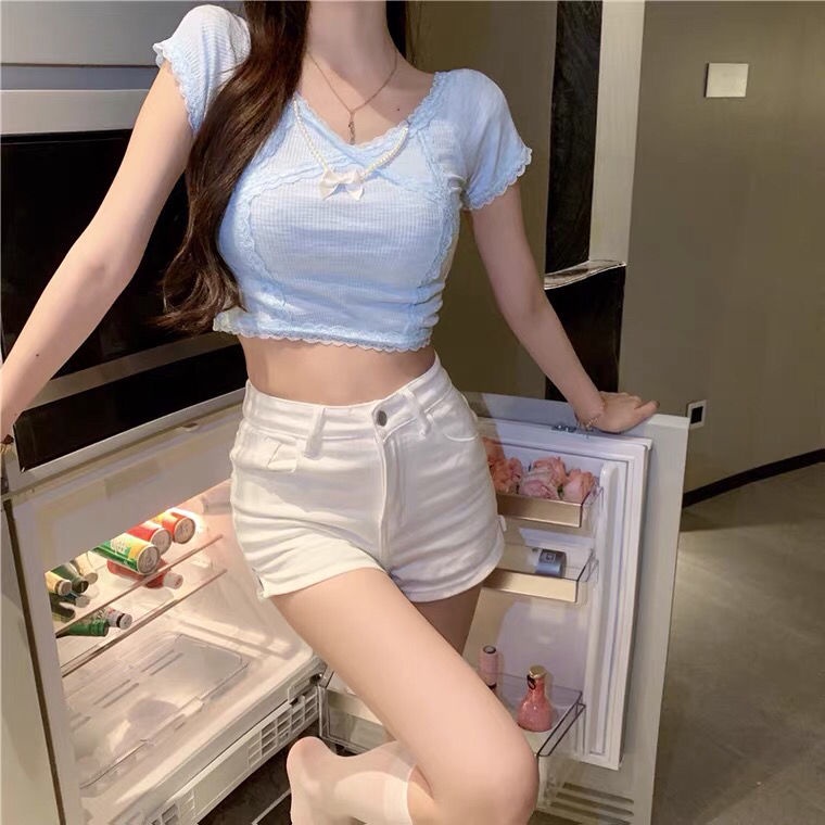 Jiashucheng Áo Thun Lửng Ngắn Tay Cổ Chữ v Eo Cao Thời Trang Mùa Hè Phong Cách Hàn Quốc Dành Cho Nữ