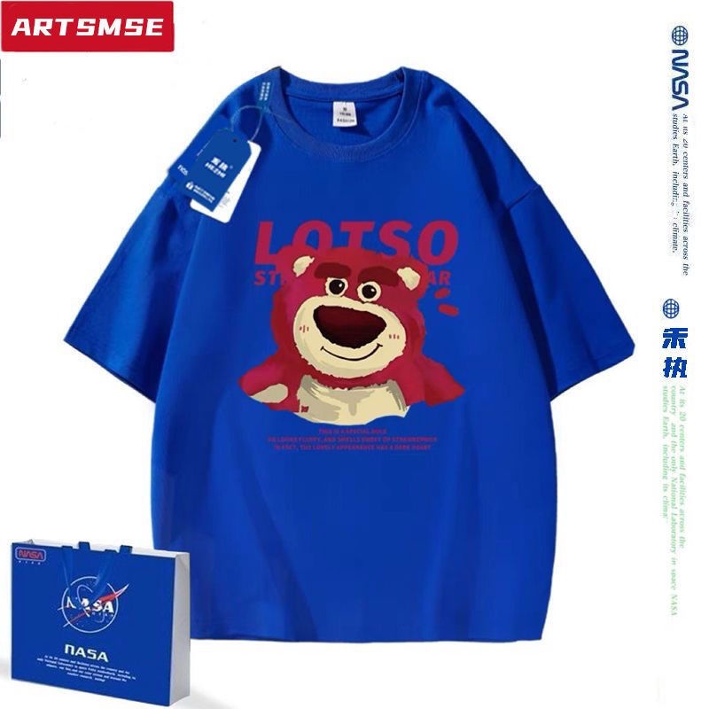 NASA Áo Thun Cotton Ngắn Tay Dáng Rộng In Hình Gấu / Dâu Tây Màu Trơn Dễ Thương Thời Trang Mùa Hè Cho Cặp Đôi