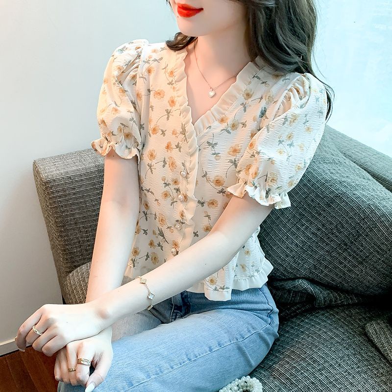 Áo Kiểu Tay Phồng Ngắn In Hoa Thời Trang Mùa Hè Xinh Xắn Cho Nữ