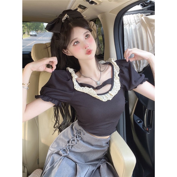 COZOK Áo Thun Tay Ngắn Cổ Vuông Phối Ren Thời Trang