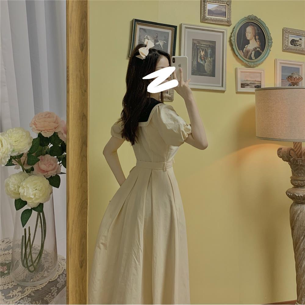 Đầm Dài Cổ Thủy Thủ Ôm Eo Thoải Mái Phong Cách Retro Pháp Ngọt Ngào Cho Nữ