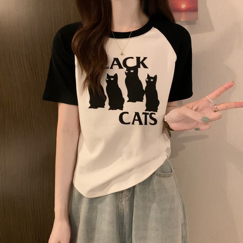 Áo Thun Raglan Tay Ngắn Màu Sắc Tương Phản Thời Trang Mùa Hè Dễ Phối Đồ Cho Nữ