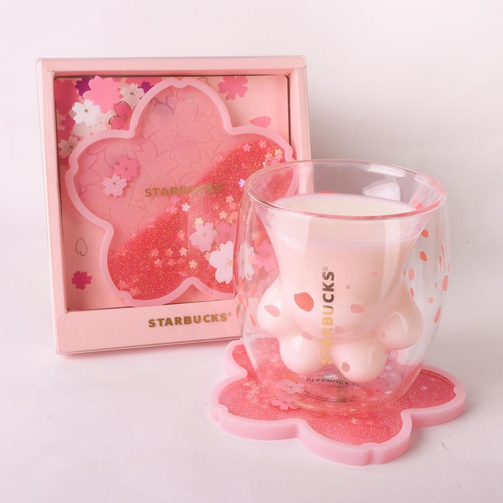 Ly Thủy Tinh Uống Cà Phê Sữa Cà Phê Starbucks Hai Lớp Hình Móng Vuốt Mèo Hoa Anh Đào