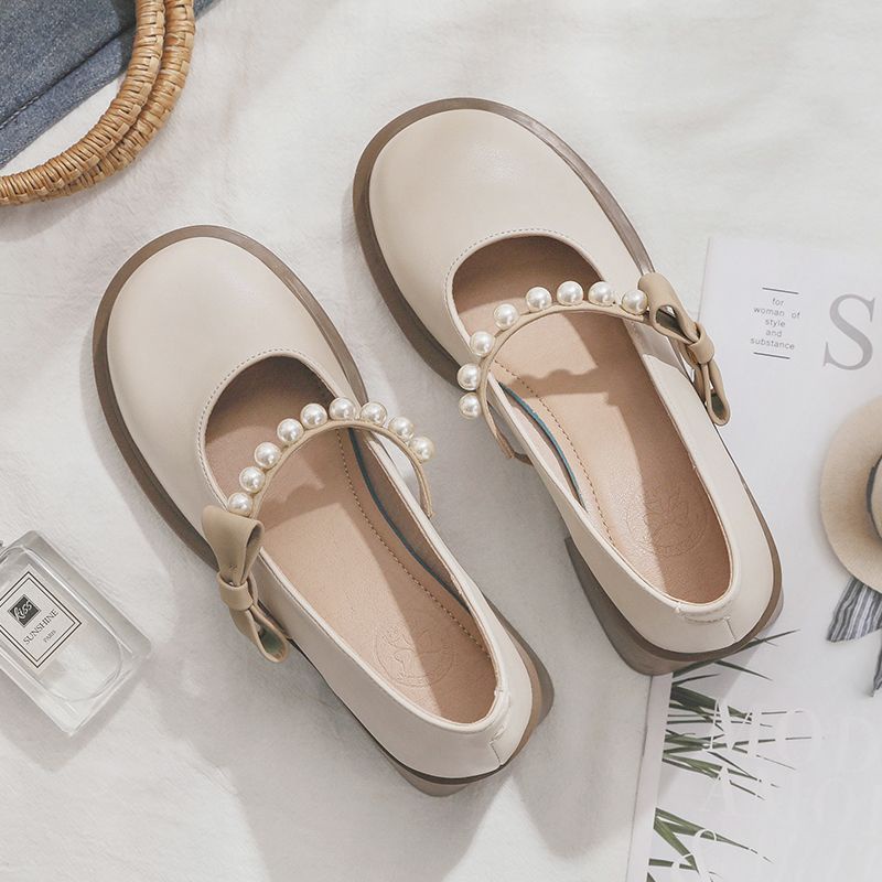 Giày Da Mũi Tròn Gót Dày Phối Khóa Ngọc Trai Phong Cách Retro Pháp