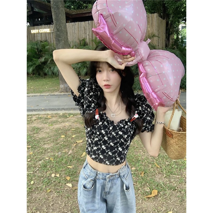 Cozok Áo Sơ Mi Tay Phồng Ngắn Cổ Bẻ In Hoa Dễ Phối Đồ Hợp Thời Trang