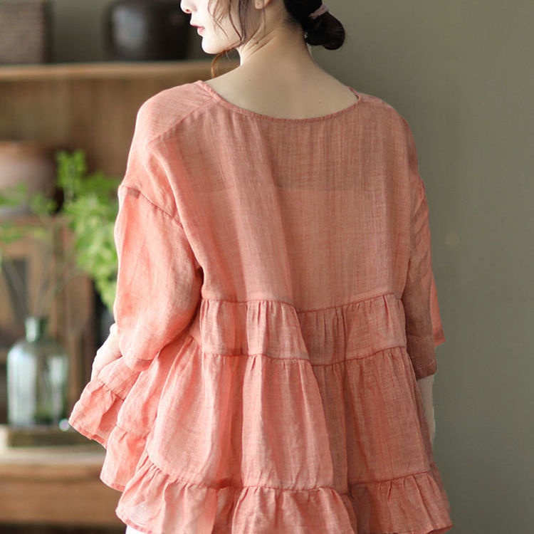 Áo Thun 100% Cotton Lanh Cổ Chữ V Dáng Rộng Thời Trang Mùa Hè Dành Cho Nữ