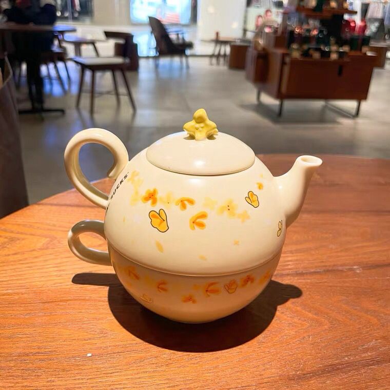 Bộ Ấm Trà Bằng Gốm Sứ Họa Tiết Hoa Phong Cách Starbucks Độc Đáo