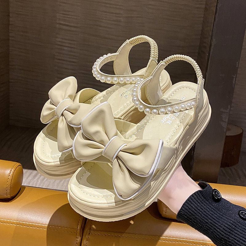 Giày Sandal Đế Dày Hở Ngón Quai Đính Nơ Ngọc Trai Thời Trang Mùa Hè 2023 Phong Cách Roman Cho Nữ