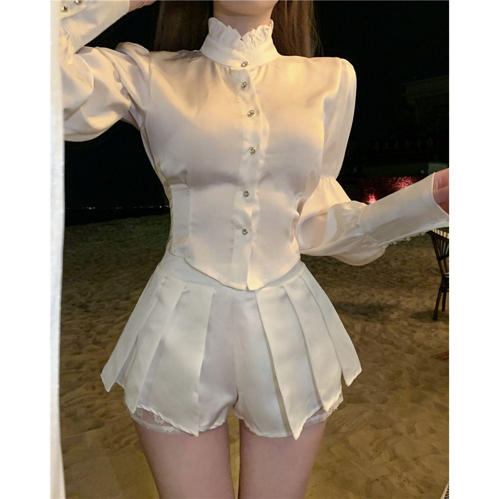 Áo Sơ Mi Cổ Đứng Tay Dài Dáng Ôm Thời Trang Mùa Xuân Cho Nữ