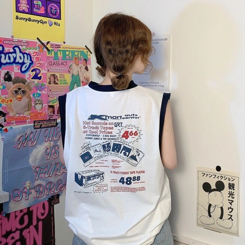 Jiashucheng Áo Thể Thao Sát Nách Dáng Rộng Màu Sắc Tương Phản Phong Cách Retro