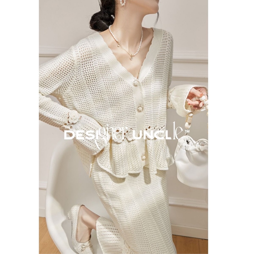 Bộ Áo Dệt Kim + Chân Váy Lưng Cao Khoét Rỗng Thời Trang Mùa Hè Phong Cách Pháp Cho Nữ