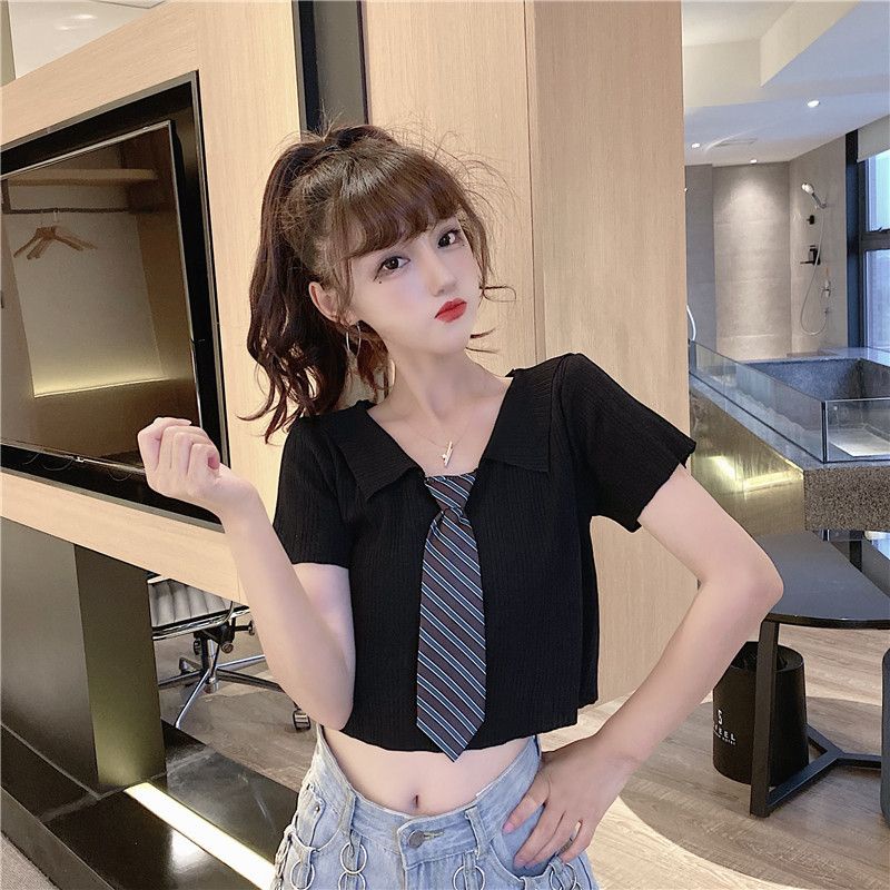 IELGY        Áo Thun Dệt Kim Ngắn Tay Thắt Cà Vạt Phong Cách Hàn Quốc Cho Nữ