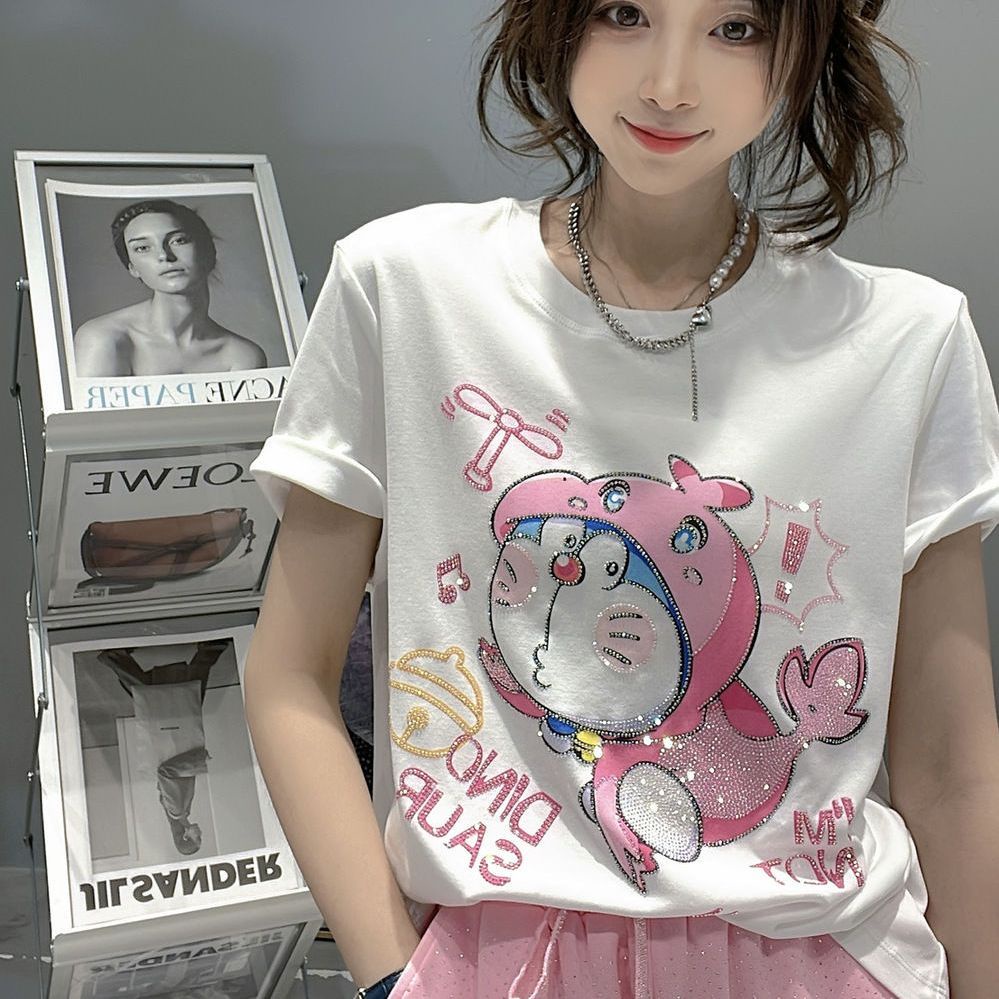 Áo Thun Đính Kim Cương Màu Hồng Dễ Thương Thời Trang Mùa Hè Cho Nữ