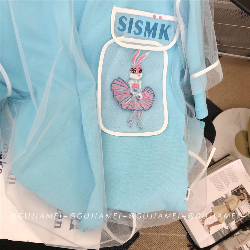 Áo Thun Vải Gạc Màu Xanh Dương Dáng Rộng Thêu Họa Tiết Thời Trang Mùa Hè Kiểu Mới Cho Nữ