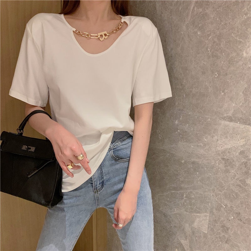 Áo Thun Tay Ngắn Dáng Rộng Phối Dây Xích Kim Loại Thời Trang Mùa Hè Kiểu Mới Cho Nữ