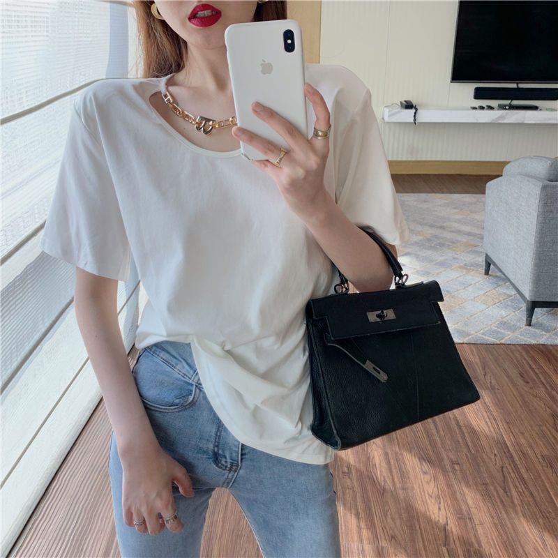 Áo Thun Tay Ngắn Dáng Rộng Phối Dây Xích Kim Loại Thời Trang Mùa Hè Kiểu Mới Cho Nữ