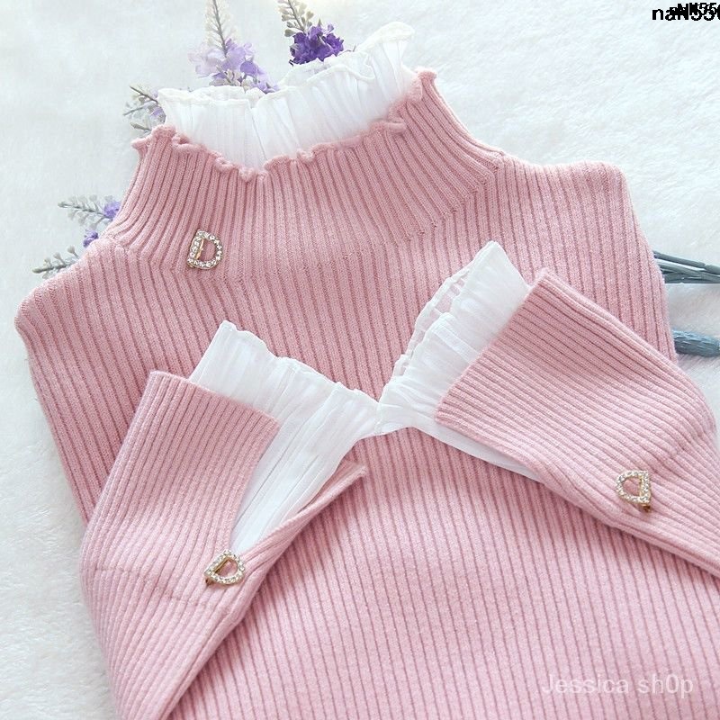 Bộ Áo Sweater Cổ Lọ Tay Loe Phối Bèo Lá Sen Thời Trang Thu Đông 2022 MớiCổ Áo Ren Giả Hai Bên Cho Nữ;