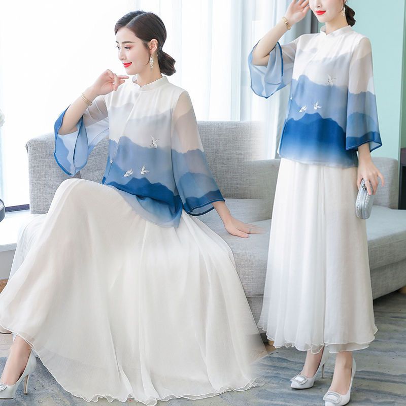 Bán Chạy Set Áo / Chân Váy Chiffon In Họa Tiết Thủ Công Phong Cách Trung Hoa Cách Tân Mùa Xuân Hè