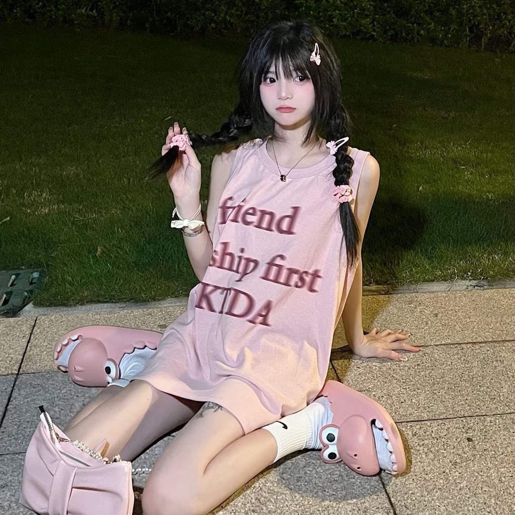 Áo Thun Cotton Không Tay Dáng Rộng In Chữ Thời Trang Mùa Hè Cho Nữ