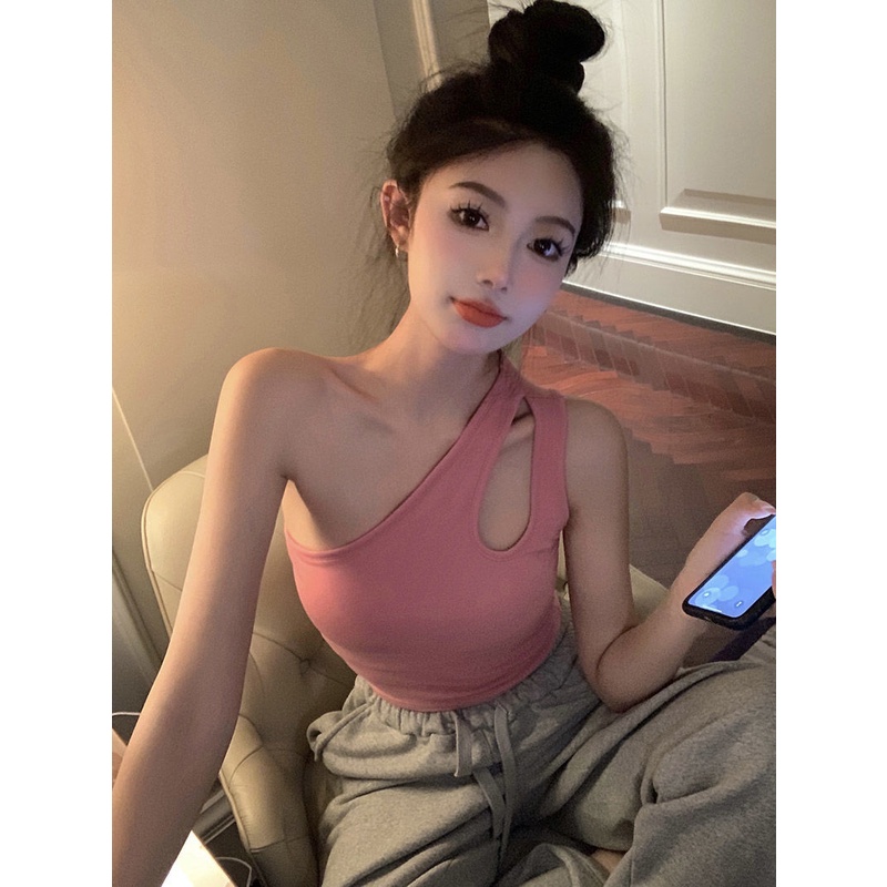 Áo Thể Thao Hai Dây Ngắn Xếp Tầng Màu Trơn Ngọt Ngào Mùa Hè Cho Nữ / Búp Bê Barbiecore