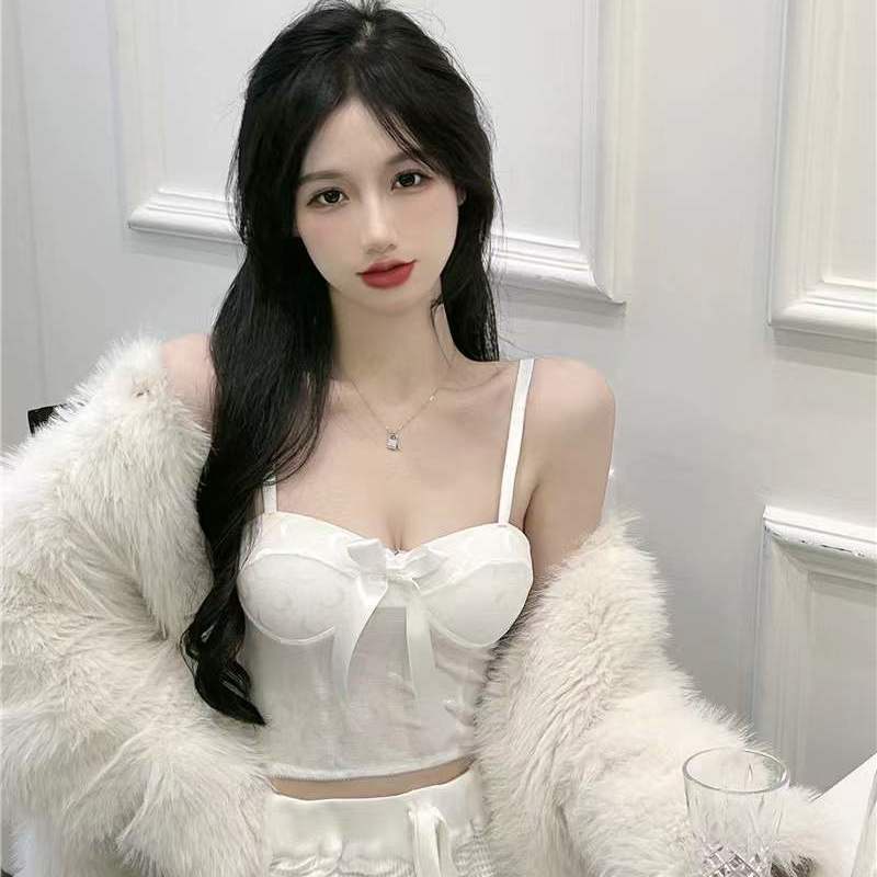 Bán Chạy ~ Áo Hai Dây Phối Ren Thắt Nơ Màu Trơn Phong Cách Mới Với Đệm Ngực Ôm Ngực Cho Nữ