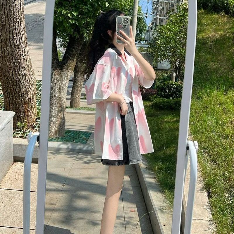 Áo Sơ Mi Ngắn Tay Họa Tiết Trái Tim Phong Cách Hong Kong Thời Trang Mùa Hè Cho Nữ