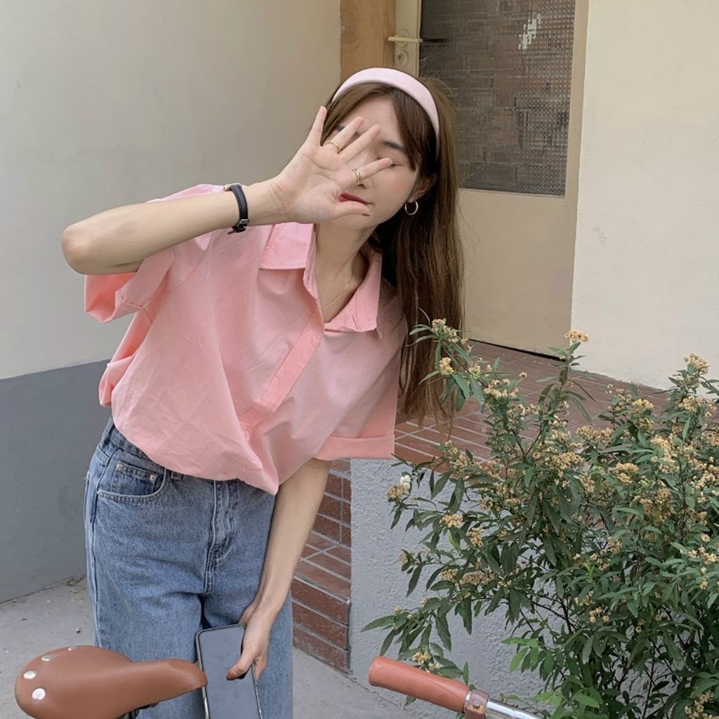 Áo Sơ Mi Tay Ngắn Dáng Rộng Màu Hồng Thời Trang Mùa Hè Hàng Mới Dành Cho Bạn Nữ