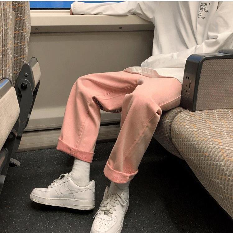 Quần Jean Hồng Lưng Cao Ống Rộng Phong Cách Harajuku Đường Phố Cho Nữ