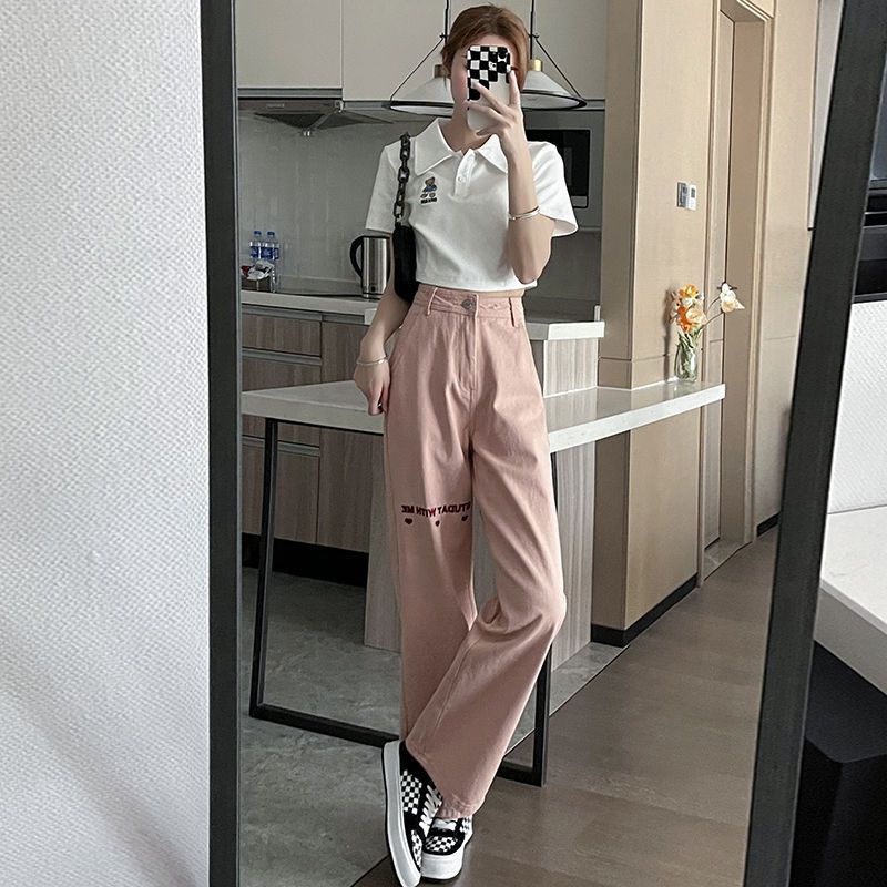 Quần Jean Dài Lưng Cao Ống Rộng Màu Hồng Thời Trang Mùa Xuân Mới Cho Nữ