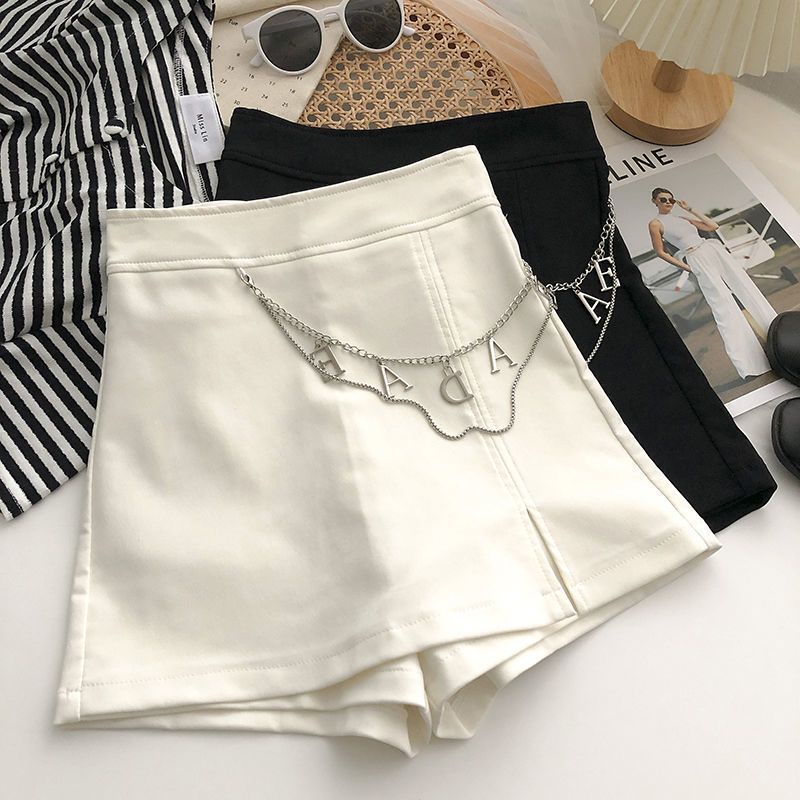 Quần Short Lưng Cao Ống Rộng Phối Dây Xích In Chữ Phong Cách Hàn Quốc Thời Trang Cho Nữ
